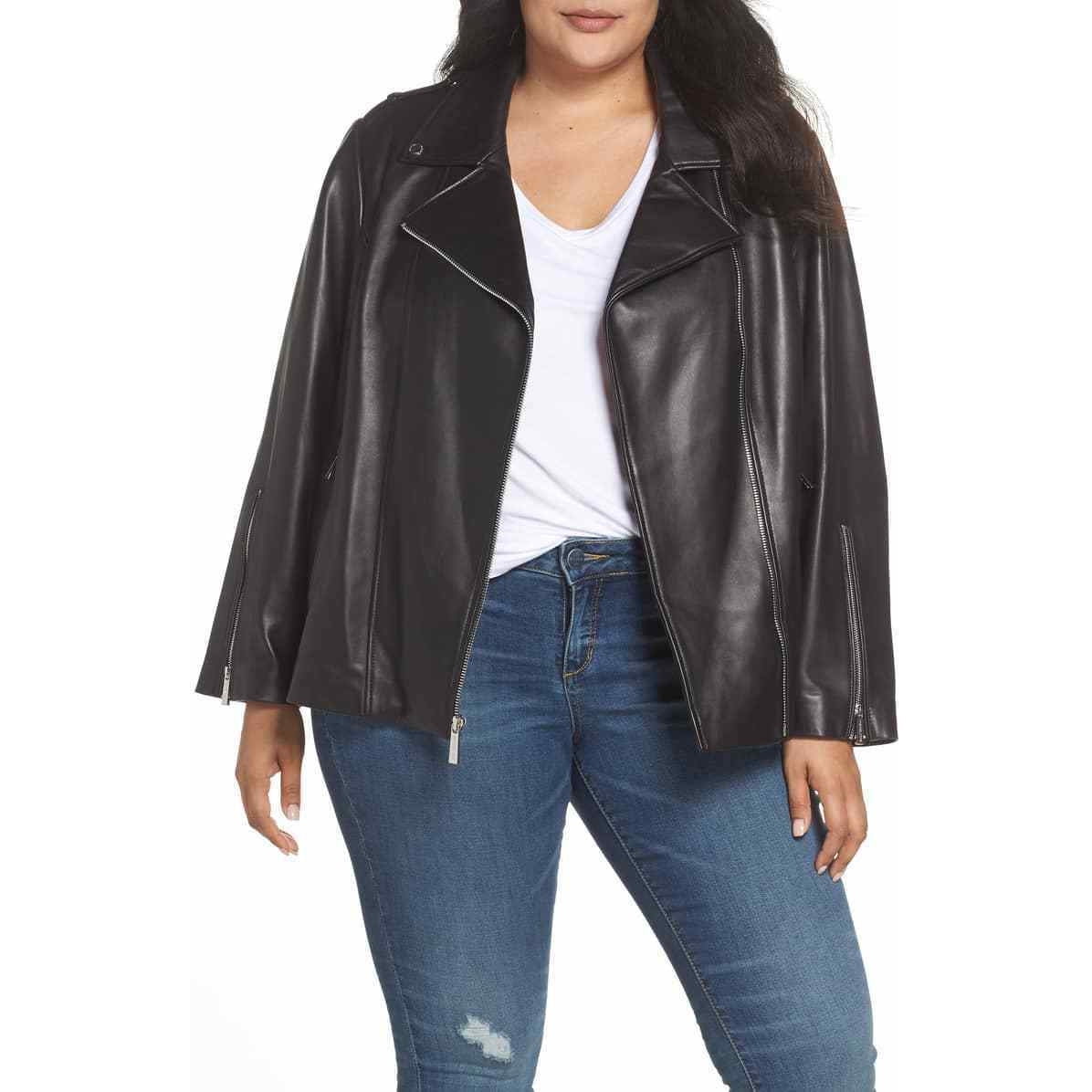 Michael Kors Women's Plus Size Classic Moto Leather Jacket 