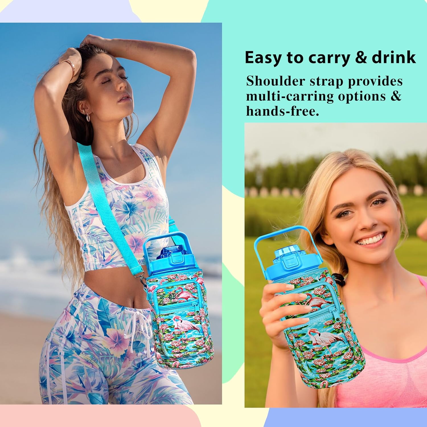 64 oz Water Bottle with Straw Sleeve & Strap Motivational BPA Free Half Gallon Water Jug with Handle for Gym Women Men Aesthetic Water Bottle with Strap Flamingo