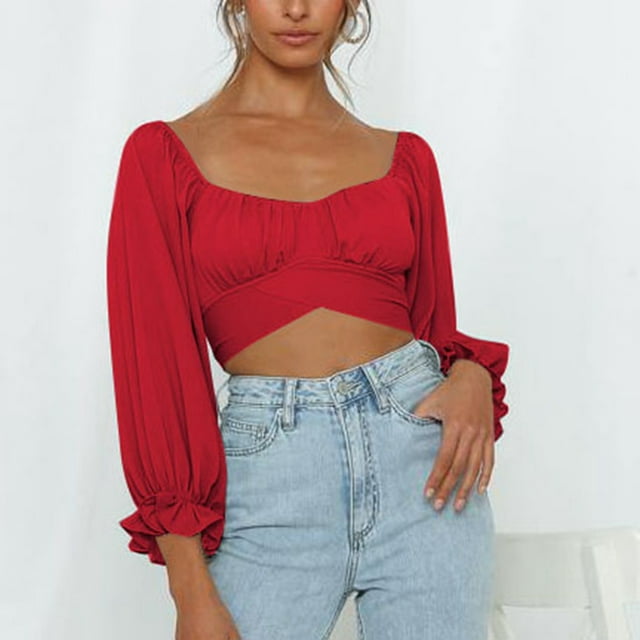 Puff Sleeve Tie Back Crop Blouse, Fashion Skin Friendly Square Neck All Match Cute Off Shoulder Wrap Crop Top For Date Work Home Type 1,Type 2,Type 3,Type 4