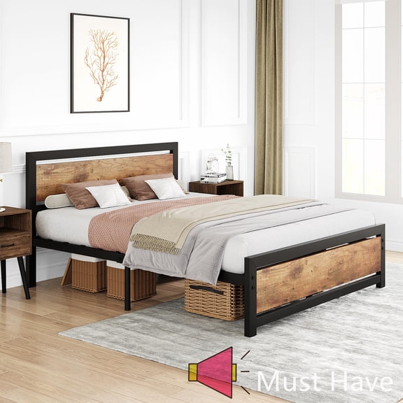 Jojoka Full Size Bed Frame with Rustic Wood Headboard and Footboard, Heavy Duty Metal Platform Bed with 14 Inch Under-Bed Storage, Noise-Free Design, No Box Spring Needed, Easy Assembly