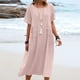 thumbnail image 5 of Vestido de verano holgado e informal de algodón y lino de color liso con cuello redondo y manga corta y largo medio para mujer, 5 of 6