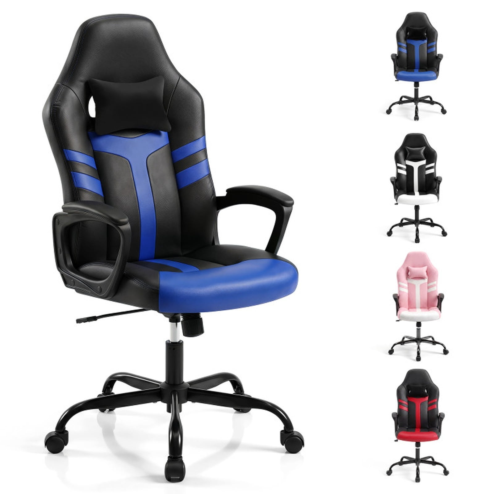 Furnibear Faux Leather Office Chair with Removable Head Pillow, Ergonomic High Back Rocking Desk Chair with Padded Armrest and Casters, Blue