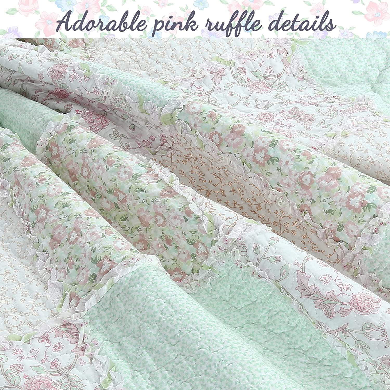 Cozy Line Pink Rosa Floral Real Patchwork 100% Cotton 2-Piece Reversible Quilt Bedding Set, Twin