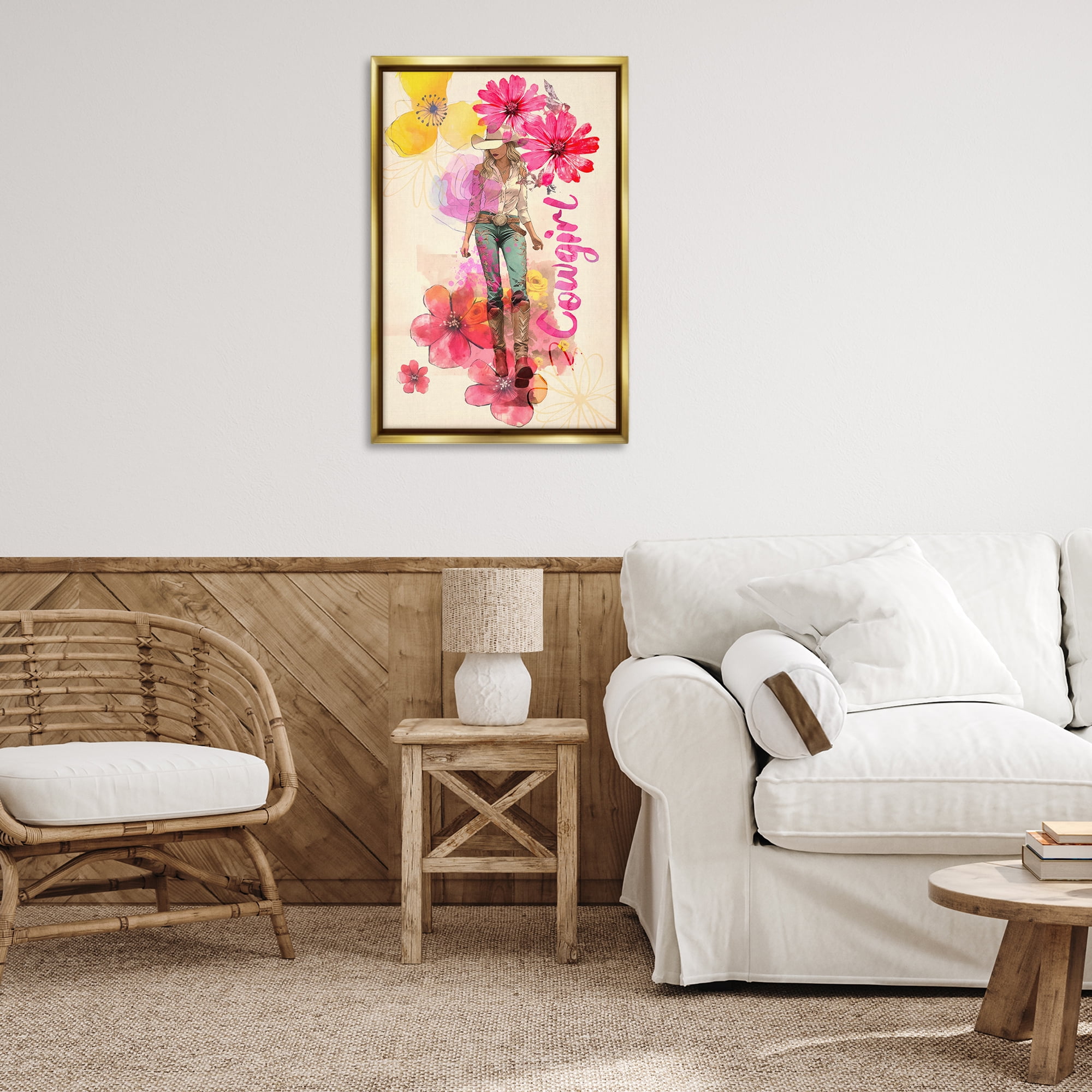 Stupell Industries Fancy Floral Cowgirl People Painting Gold Floater Framed Canvas Art Print Wall Art, 21 x 31