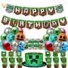 Jieowen New 64Pcs/Set Minecraft Theme Balloons Set Happy Birthday Latex Balloons Banner Cupcake Toppers Party Decor