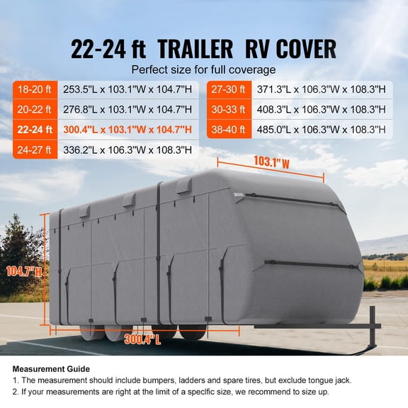 Travel Trailer Cover, 22-24 ft RV Cover, 4-Layer Non-Woven Fabric Camper Cover, Waterproof, Windproof and Rip-Stop Class A RV Cover, with Storage Bag, Repair Patches, Straps and Tire Covers