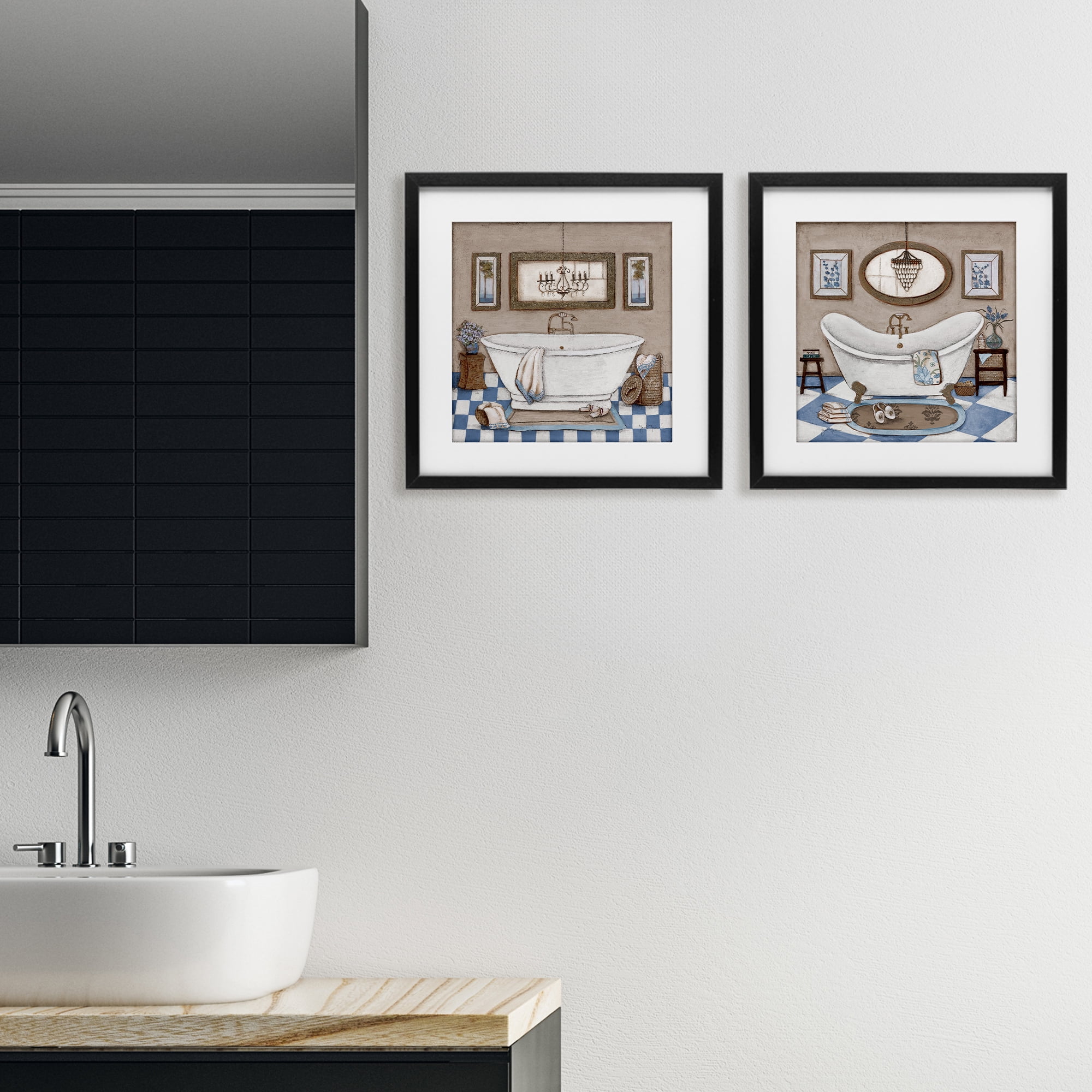 Stupell Industries Tiled Bathroom Views 2 Piece Black Framed Print Under Glass Set, design by Janet Tava