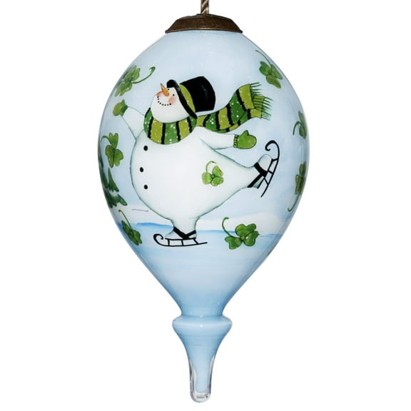 Ice Skating Shamrock Snowman Hand Painted Mouth Blown Glass Ornament