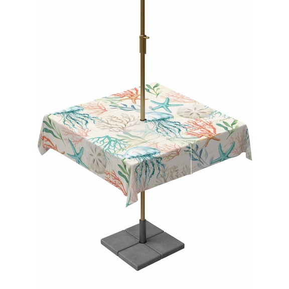Outdoor Tablecloths with Umbrella Hole & Zipper, Teal Red Jellyfish Coastal 54x54 Inch Square Tablecloths, Nautical Beach Coral Starfish Waterproof Table Cloth, Patio/Pool/Picnic Table Covers
