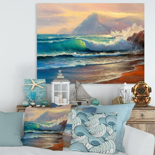Designart Morning Sunlight On The Sea Waves III Canvas Wall Art depicts a gallery-wrapped cotton canvas print of turquoise waves crashing on a sandy beach at sunrise with distant mountains and seagulls, ideal for coastal home décor and nautical-themed rooms.