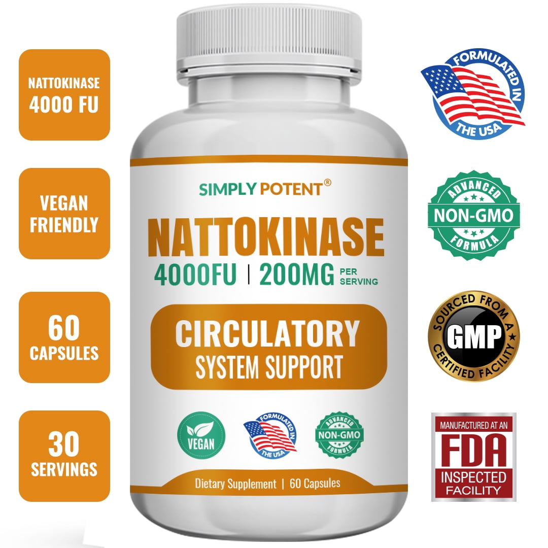 Simply Potents Nattokinase 4000 FU Capsules for Heart Circulation Blood Vascular Support Antioxidant Fibrinolytic 60