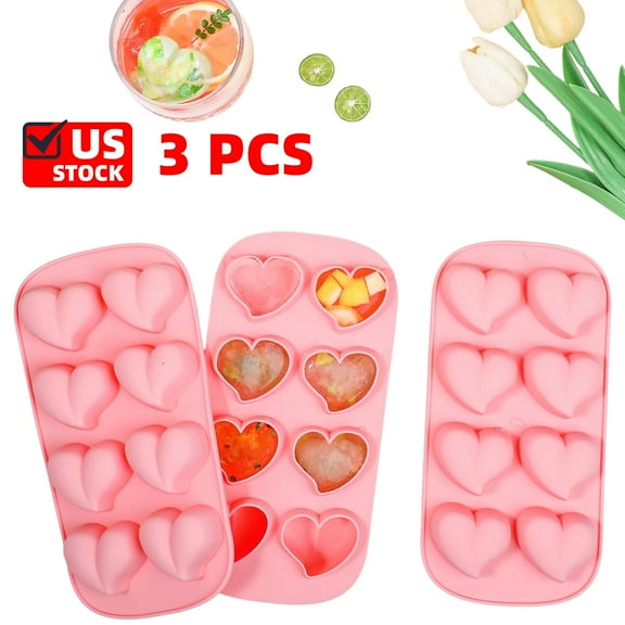 3 Pake Heart Shpaed Ice Cube Trays, 8-Cavity Heart Silicone Molds for Whiskey, Cocktail, Chocolate, Ice Cubes, Candy with Fun Shapes