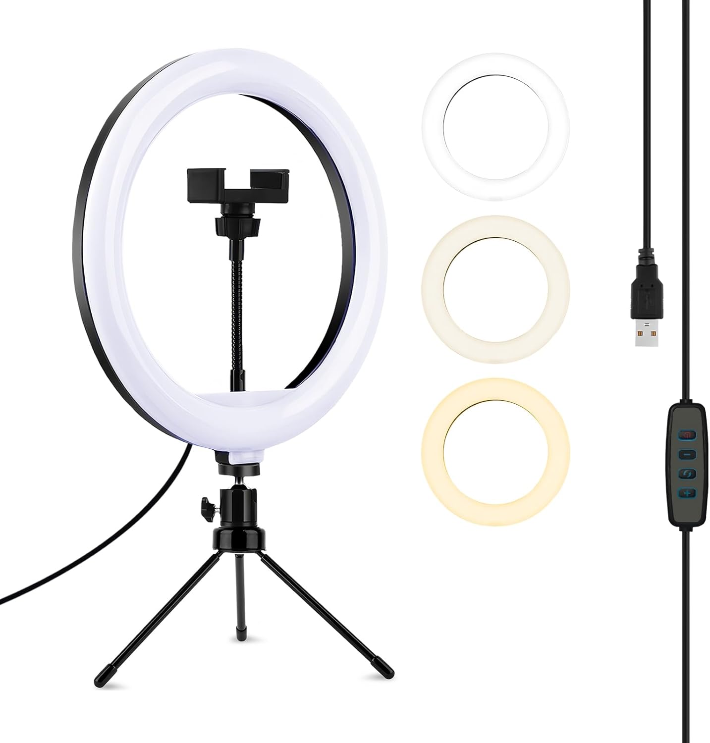 Lampe Annulaire LED 10 Pouces – Support Téléphone Réglable 360° – 3 Températures De Couleur, 10 Niveaux Luminosité – Pour Selfie, Maquillage, Streaming