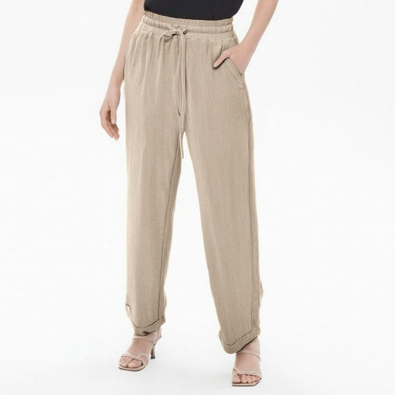 SNKSDGM Women's Plus Women's Pants Elastic Waist Long Length Women's Pants Casual Linen Ladies Summer Elastic High Waist Solid Color Linen Wide Leg Loose Pants
