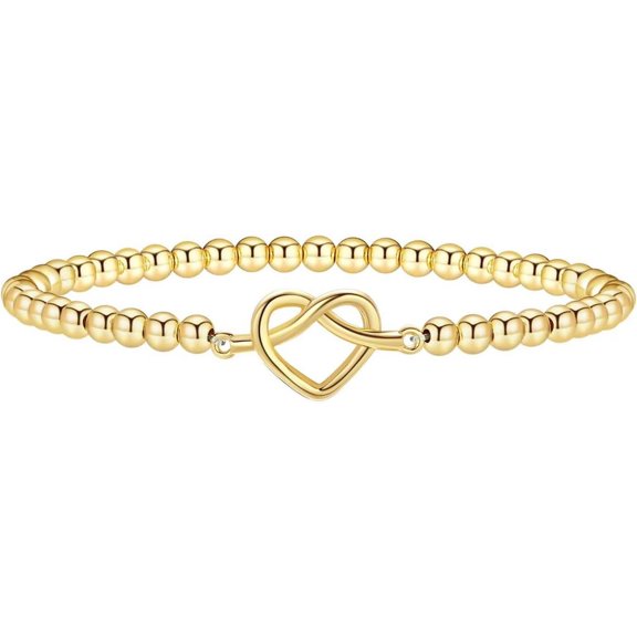 14K Gold Plated Handmade Beaded Bracelets for Women, Stretch Gold Beads Ball Pendant Charm Jewelry