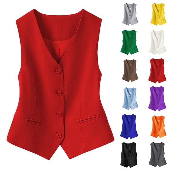 Women's Waistcoat Vest V Neck Button Down Blazer Jacket (RD1 S)