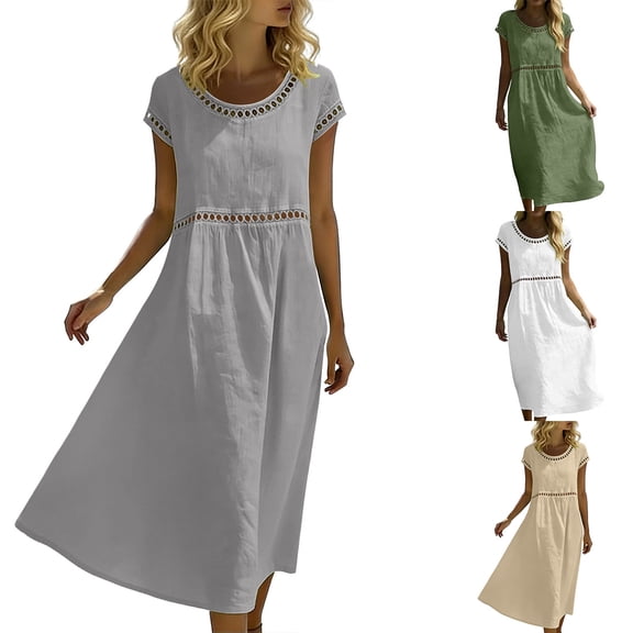Afuyipoi Womens 100% Cotton Short Sleeve Round Neck Dress, Loose Casual Maxi Summer Dress, Soft Breathable Solid Color Long Vacation Dress For Women Gray Size L