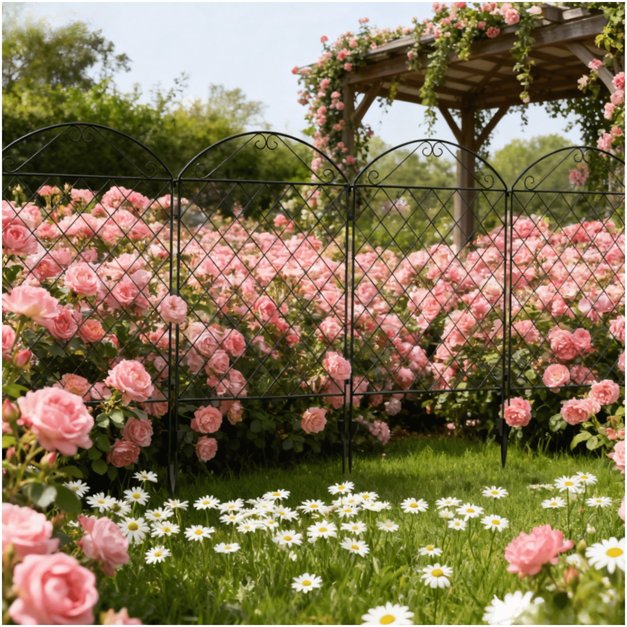 Decorative Garden Fence 4-Pack Steel Panels, Black Outdoor Edging with Curved Design for Landscape Yard Border Protection