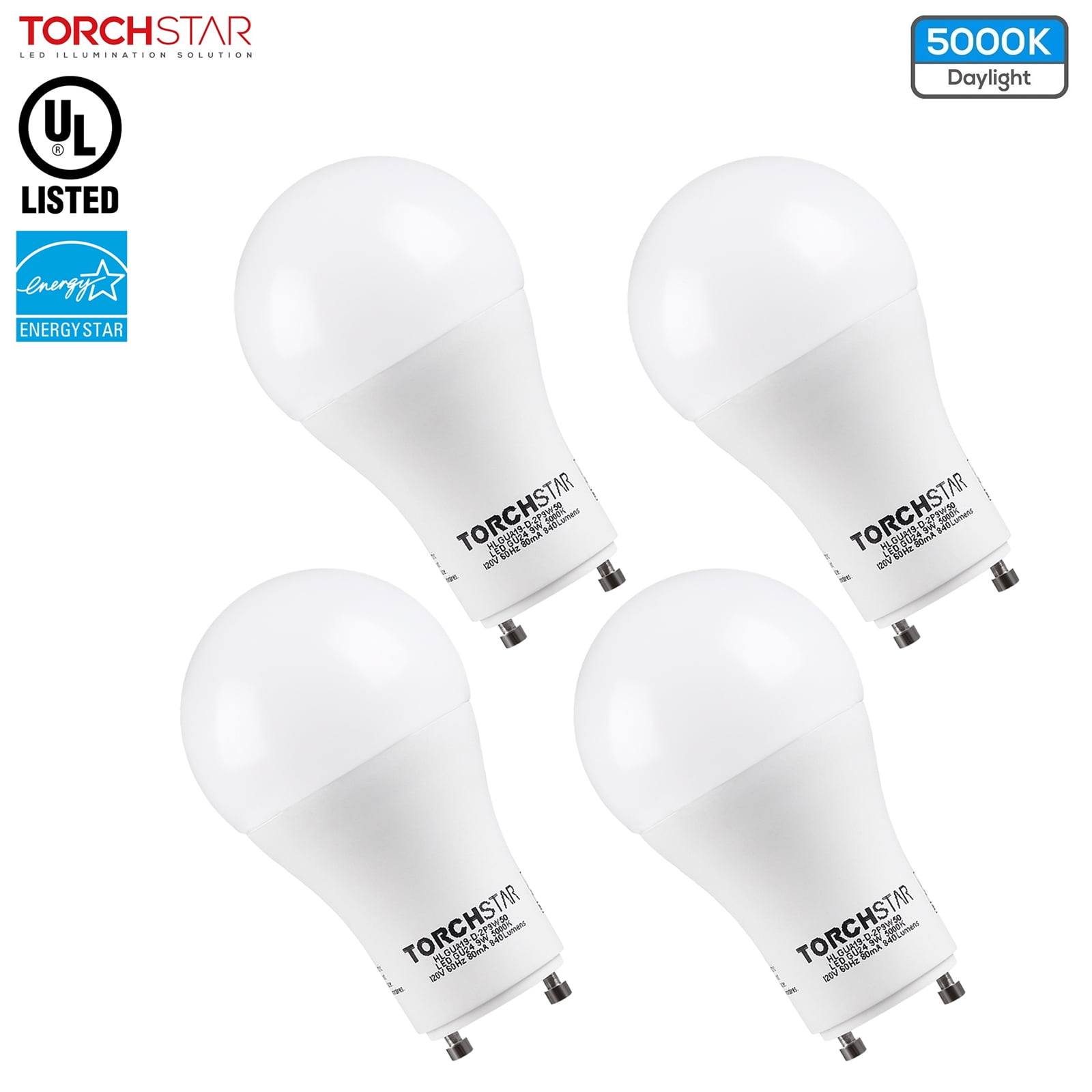 750 Lumens Twist-in Light Bulb 4-Pack A19 Shape 9W Dimmable 5000K Daylight UL Listed Great Eagle LED GU24 Base 60W Equivalent 