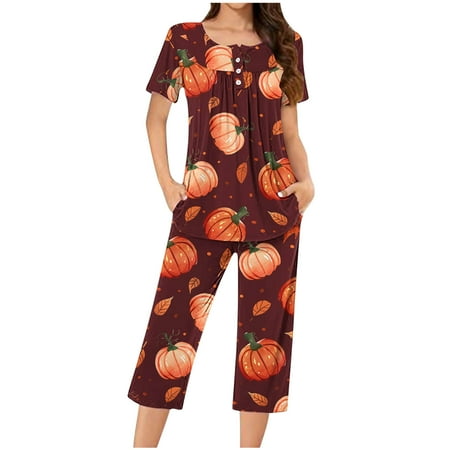 Virmaxy Womens 2024 cobweb pattern Capri pajamas sets Fashionable Casual Loose Printed Round Neck Button Up Capris Pajama Set Orange-1 XXXL