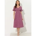 thumbnail image 4 of Unique Bargains Women's V Neck Button Flutter Sleeve Smocked High Waist Midi Dress M Fuchsia, 4 of 6