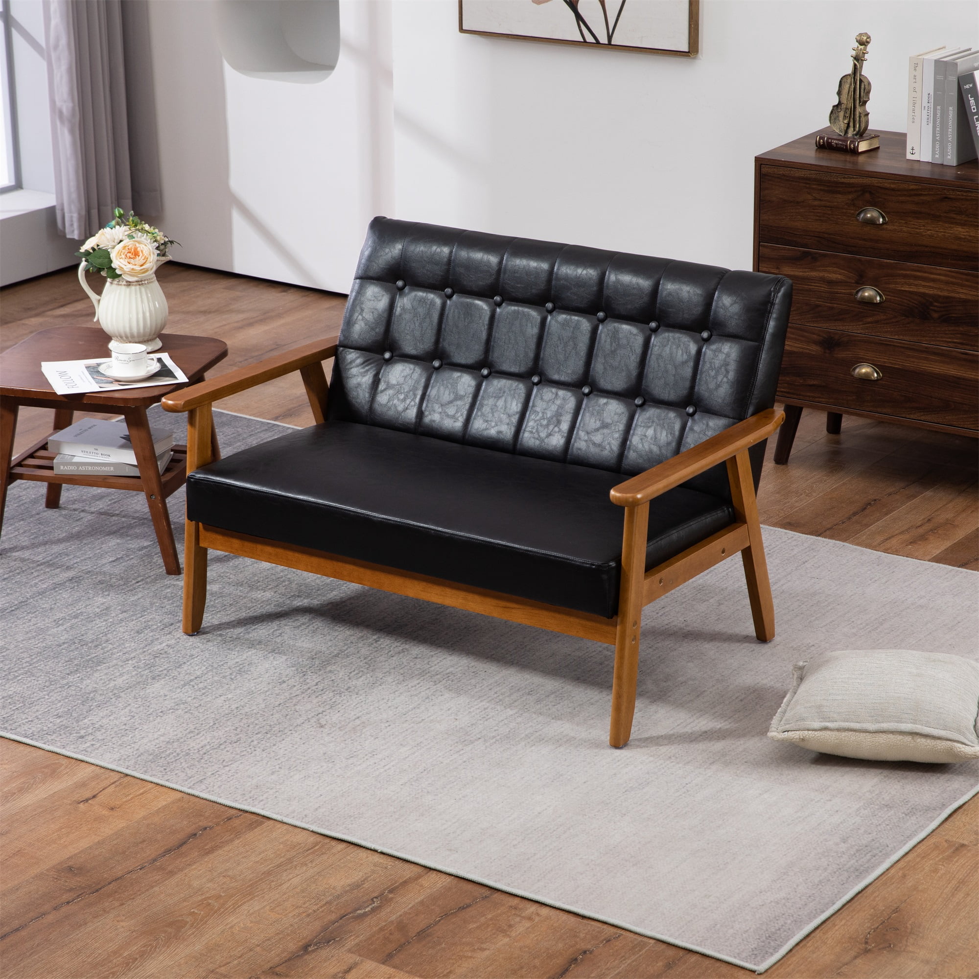 Miniyam Mid Century Modern Loveseat,2-Seat PU Leather Upholstered,Reading Couch,Accent Sofa,Black