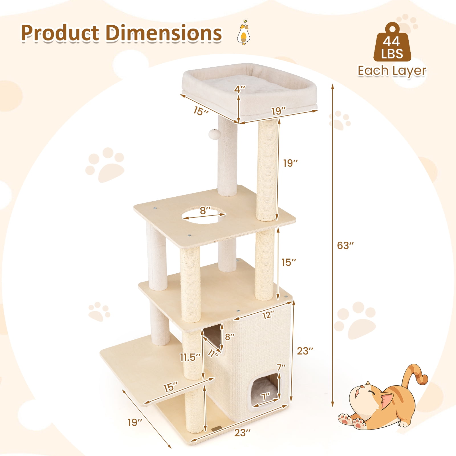 Gymax 63'' Tall Wooden Cat Tree w/2-Story Condo Plush Padded Top Perch Dangling Ball