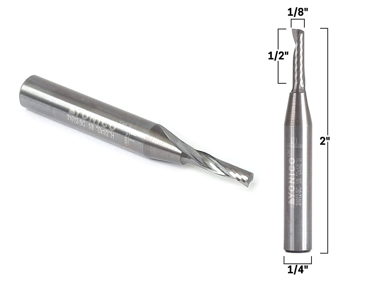 1/8" Diameter O Flute Upcut Spiral End Mill CNC Router Bit - 1/4" Shank - Yonico 31012-SC