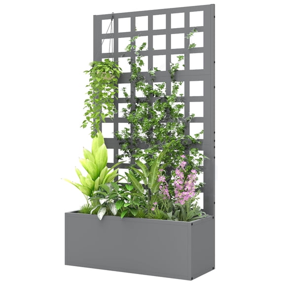 Outsunny Galvanized Steel Raised Garden Bed with Trellis, 24"x9.1"x44.5" Gray Metal Planter Box for Climbing Plants, Vegetables, and Flowers, Outdoor Patio Privacy Screen