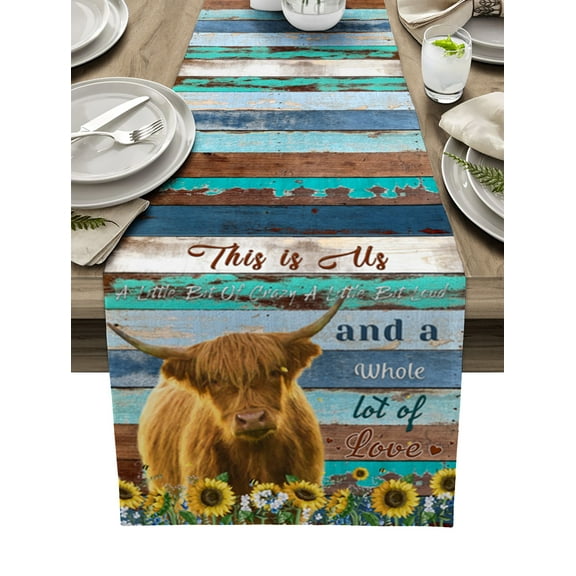 Table Runner Dresser Scarves 90 Inch Long, Highland Buff Mottled Wood Plank Linen Dining Table Runners Farm Sunflowers Cow Tabletop Scarf for Wedding Holiday Party Kitchen