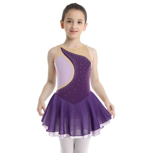 Jupe Justaucorps de Patinage Artistique pour Filles avec Strass, Robe de Danse Patinage à Roulettes Violette 6