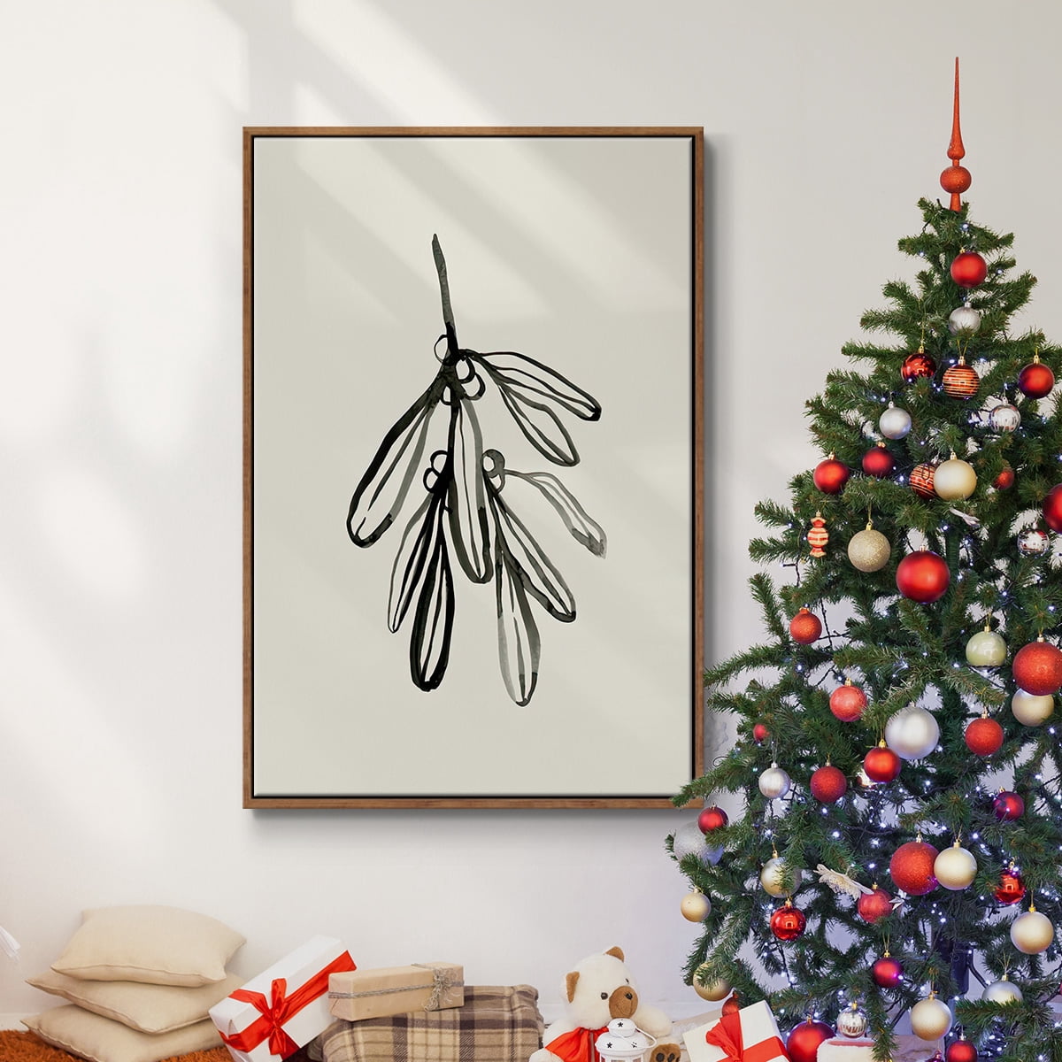 Mistletoe Sketch I - Framed Gallery Wrapped Holiday Canvas - 17 x 25 - Rosewood Frame