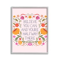 Stupell Industries Inspiring Believe with Florals Inspirational Painting Gray Framed Art Print Wall Art, 11 x 14