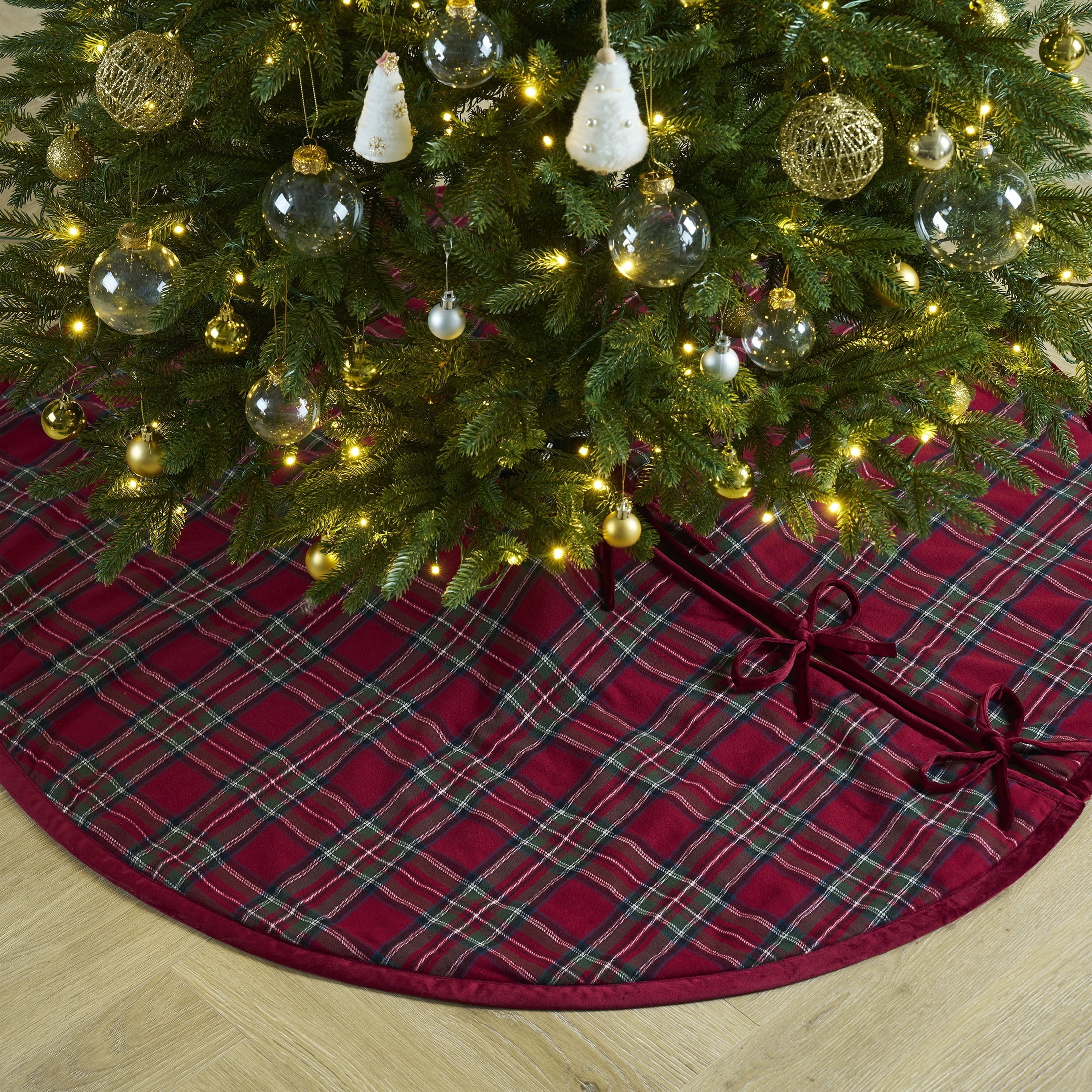 My Texas House Angie Plaid Christmas Tree Skirt, Red, 52"