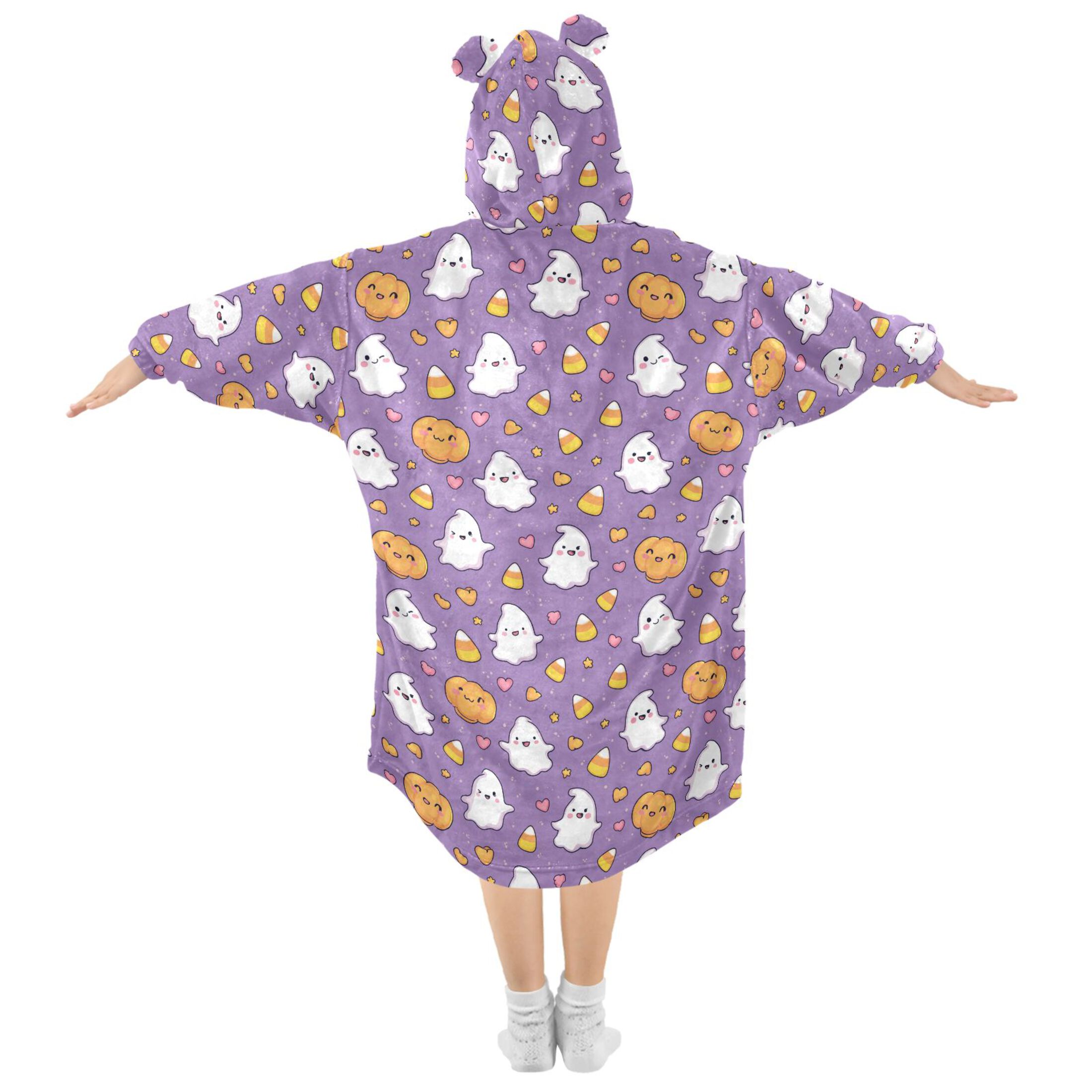 Wearable Blanket Hoodie for Kids Cute Cartoon Pumpkin Ghost Corn Flannel Hooded Blanket with Pockets and Sleeves Suitable for Boys and Girls