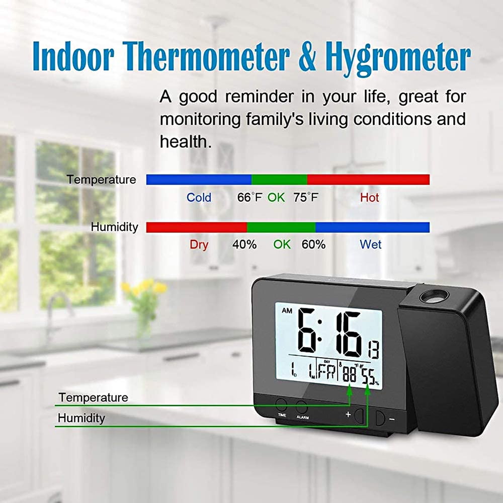 Clock Projection Alarm Clock For Bedroom With Thermometer Hygrometer Digital Project Ceiling Clock Dimmable LED Display With USB Charger 180Rotable With Dual Alarms 12/24H Snooze