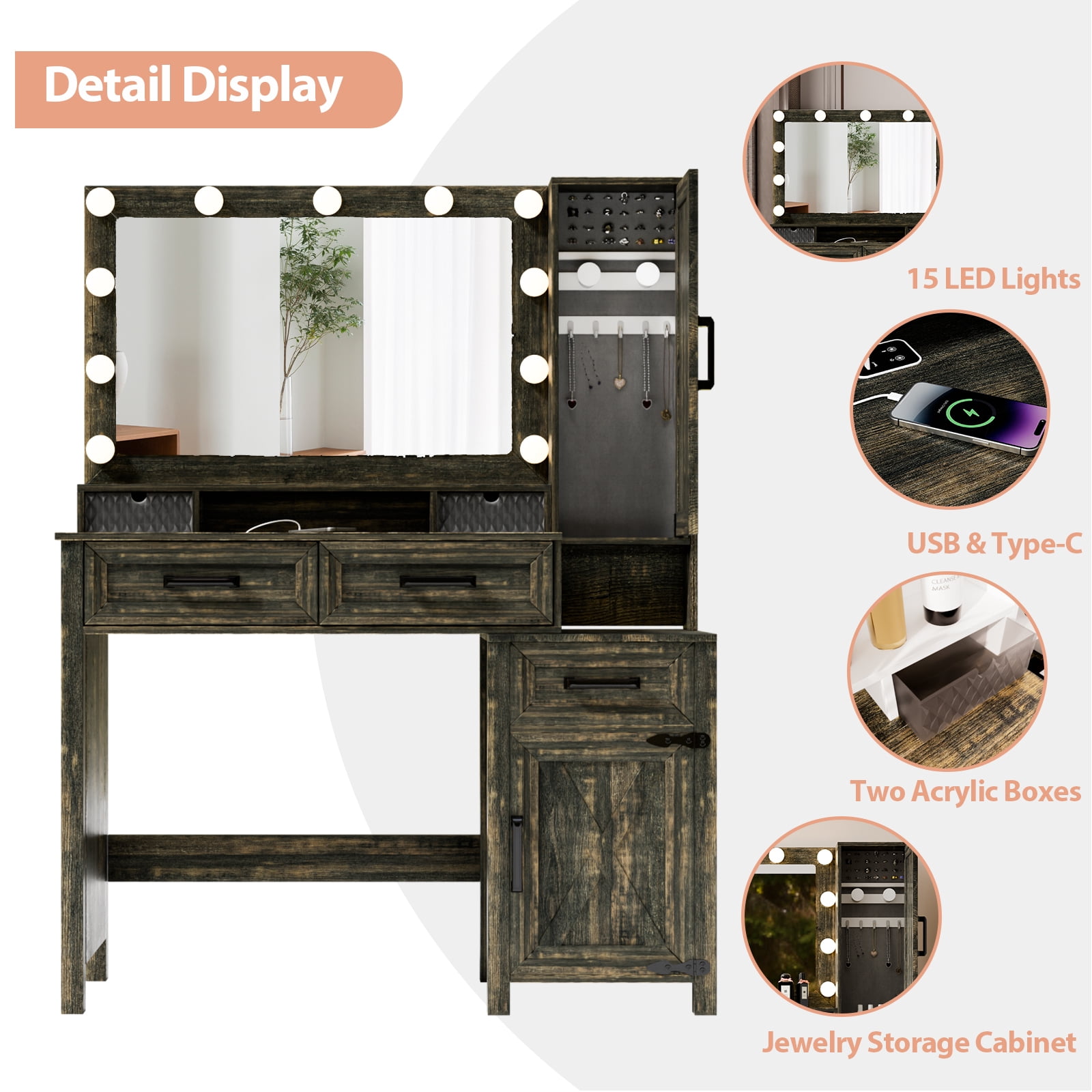 MAYEERTY 45.3" Vintage Brown Vanity Desk with LED Mirror, Sensor Light, USB Charging & Jewelry Cabinet for Bedroom