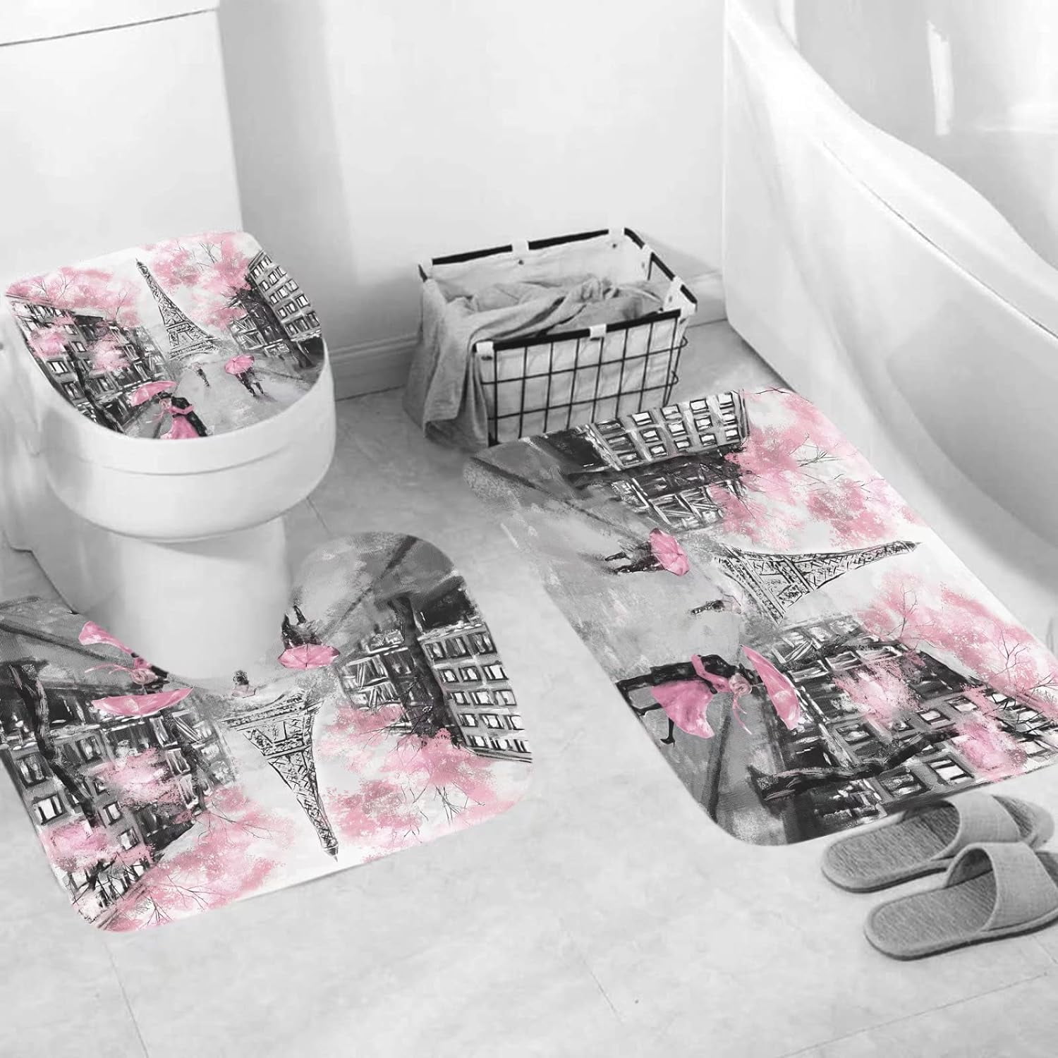 4Pcs Paris Eiffel Tower Pink Shower Curtain Sets Bathroom Set Decor with Non-Slip Rugs Bath U-Shaped Mat Toilet Lid Cover Waterproof Valentine Bathroom Curtains Shower Set with 12 Hooks