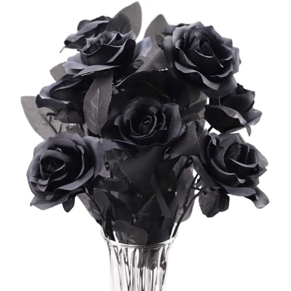 10pcs Black Roses Artificial Flowers, Single Stem Fake Silk Flowers Bridal Wedding Bouquet, Realistic Blossom Flora for Home Party Hotel Office Table Garden Decorations