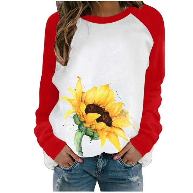 Pompotops Mode Femme Printemps Automne Patchwork Imprimé Manches Longues Col Rond T-Shirt Décontracté