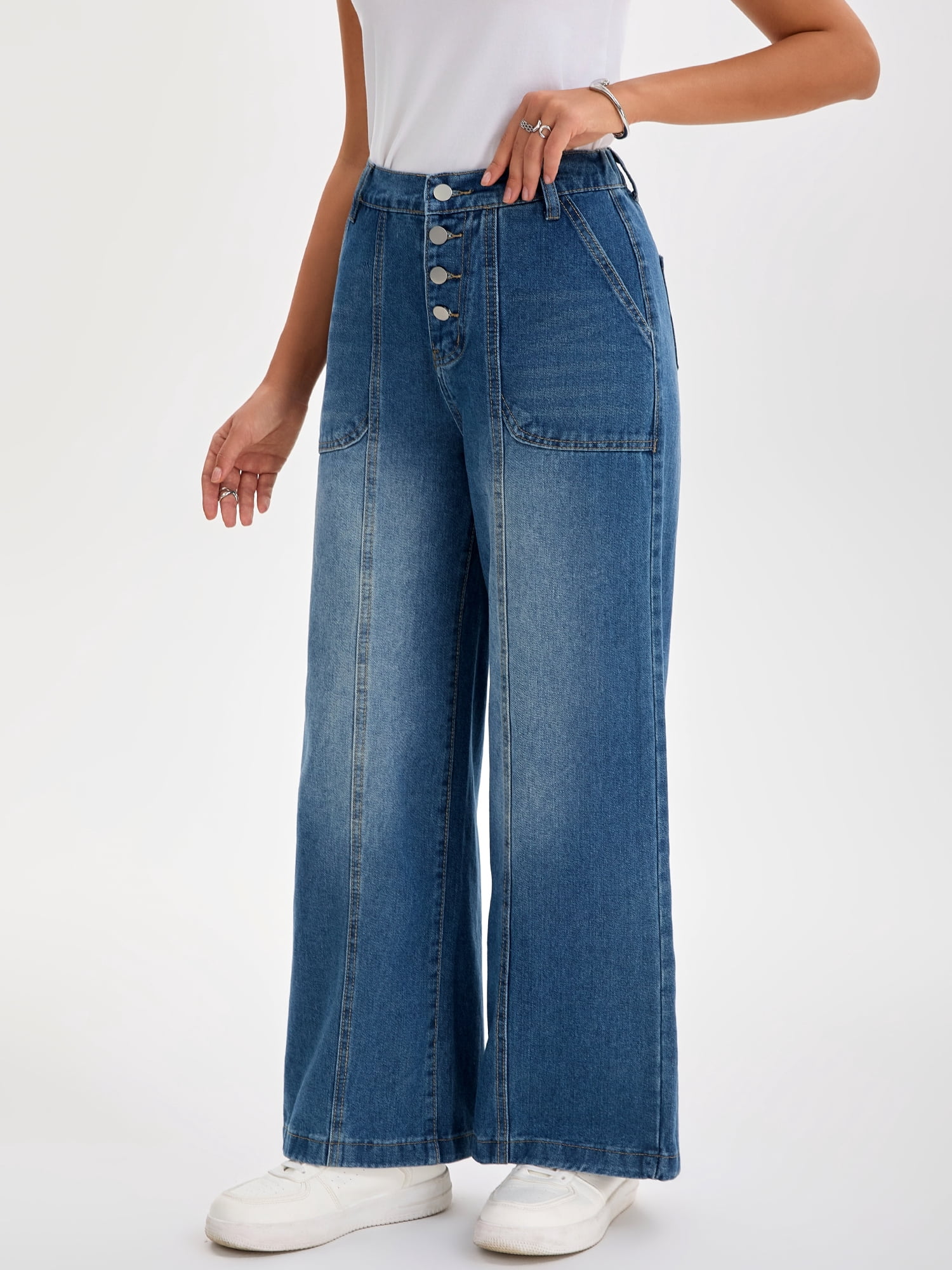DARING DIVA Women's Button Fly Stretchy Straight Loose Denim Wide Leg Pants XL Blue