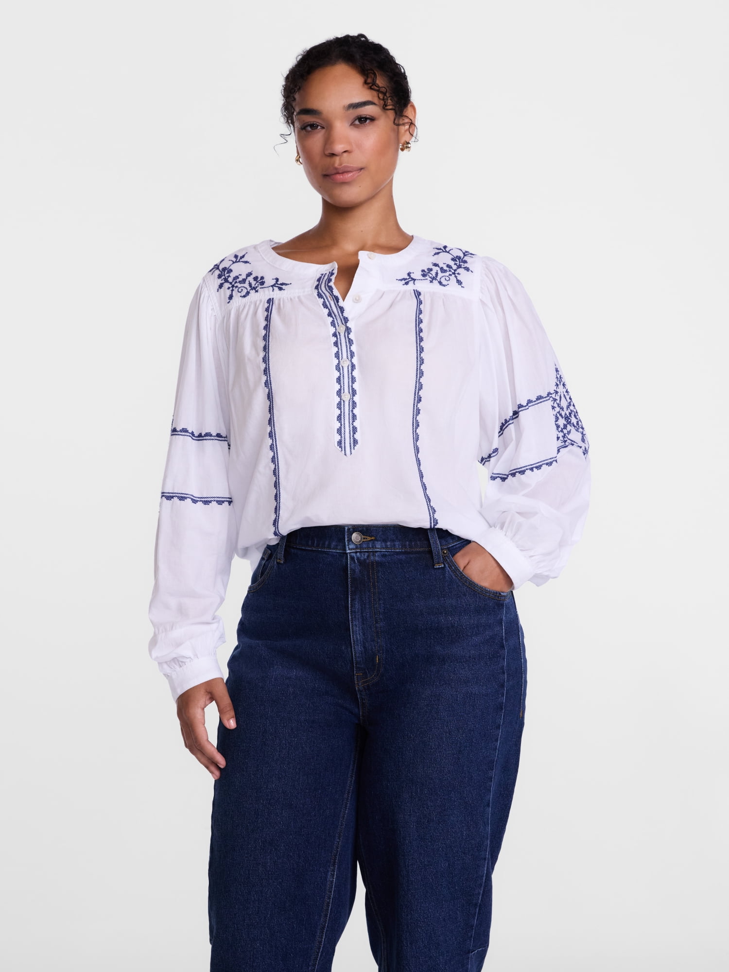 Scenario Women's and Women's Plus Embroidered Top with Long Sleeves, Sizes XS-4X