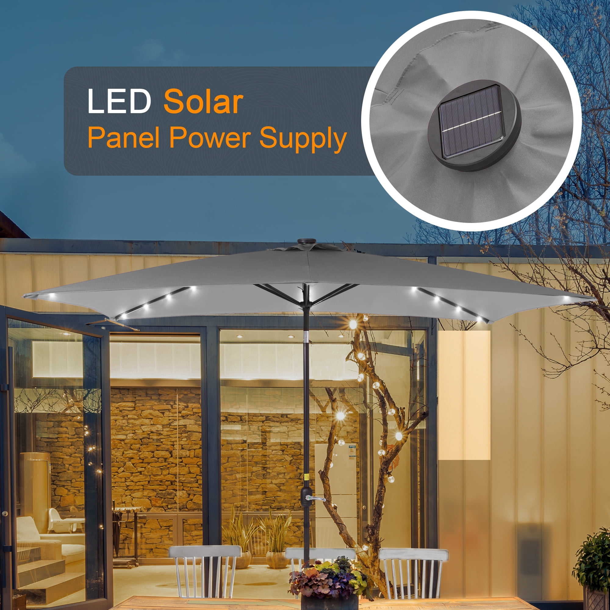 ACEGOSES LED Outdoor Patio 6x9ft Deck Solar Light Market Umbrella, Outside Table Umbrellas With Polyester canopy,Gray
