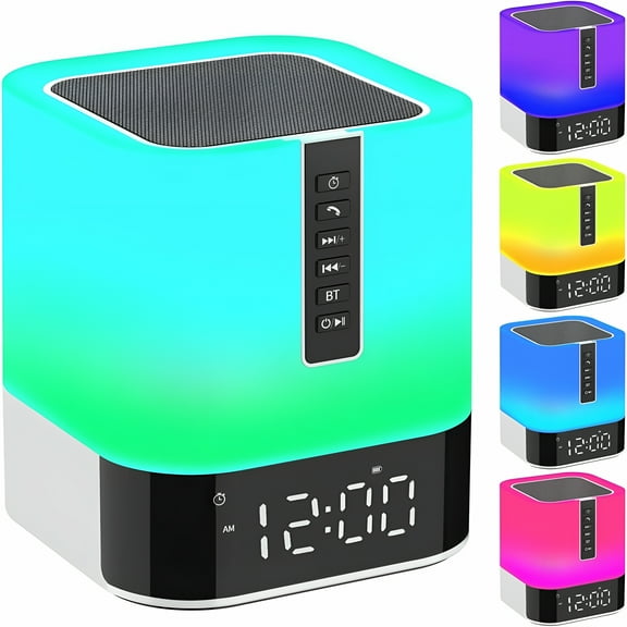 GJX Bluetooth Speaker with Night Light,5 in 1 Alarm Clock,48 Color Changing Touch Bedside Lamp,Bedroom Wireless Speaker,Gift Ideas for Teenage Girls/Boys