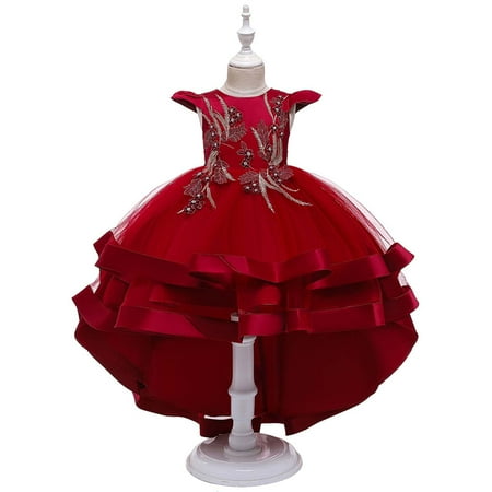 

2023 Summer Savings Girls Dress PEZHADA Children Dress Girl No Sleeve Princess Dress Embroidery Flower Tail Dress Skirt Tutu Skirt Net Gauze Dress Canonicals Wine 9-10 Years