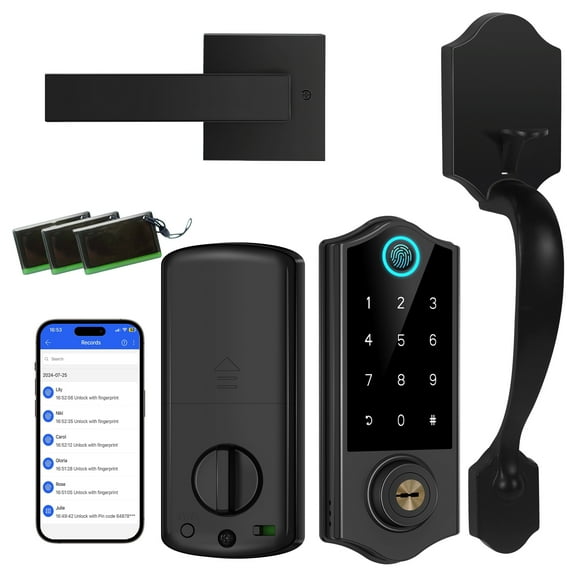 BEBASIA Fingerprint Smart Door Lock for Front Door with Handle Set, App Control, Keyless Entry Door Lock Keypad Deadbolt, Digital Electronic Touchscreen Front Door Lock Set, Auto Lock, Black