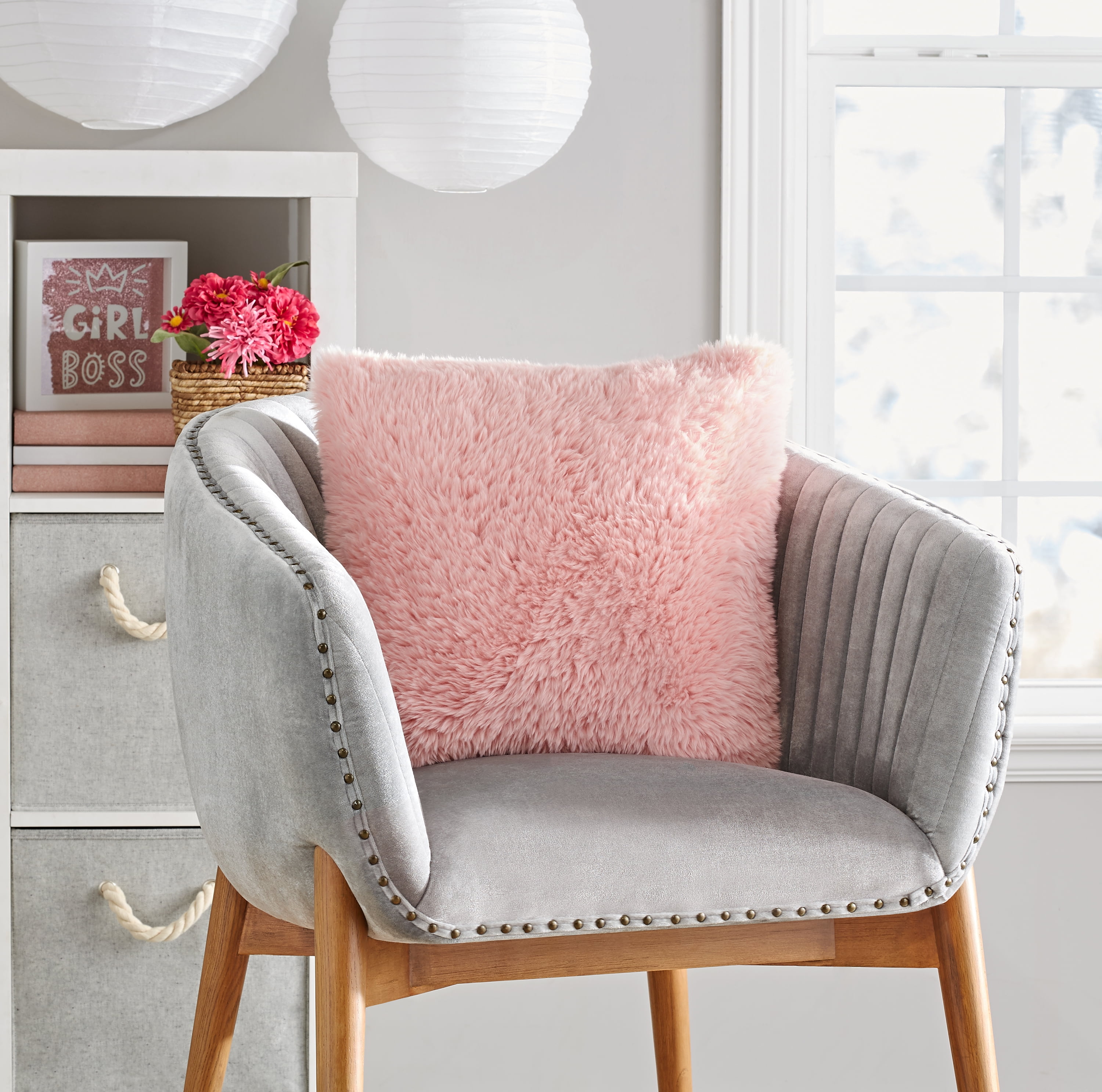 Mainstays Square, High Pile, Faux Rabbit Fur, Decorative Pillow