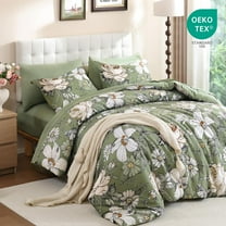 Queen Comforter Set 7 Pieces Bedding Sets, Olive Green Floral Comforter and Sheet Set, Soft Microfiber Bed in a Bag for All Seasons