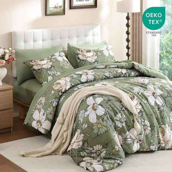 Queen Comforter Set 7 Pieces Bedding Sets, Olive Green Floral Comforter and Sheet Set, Soft Microfiber Bed in a Bag for All Seasons