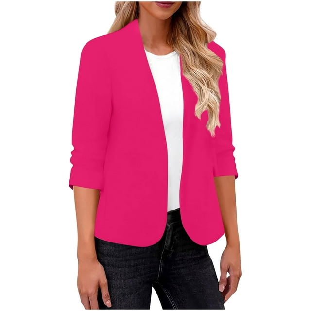 Women's Solid Color V-Neck Long Sleeve Casual Blouse Top Polyester Suit Jacket for Fall and Spring
